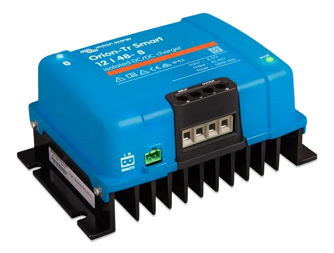 Side perspective of Victron Orion-Tr Smart charger showing the integrated mounting plate