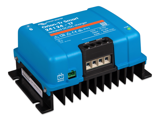 Side angle of the Orion-Tr Smart charger showcasing the rugged aluminium heat sink base