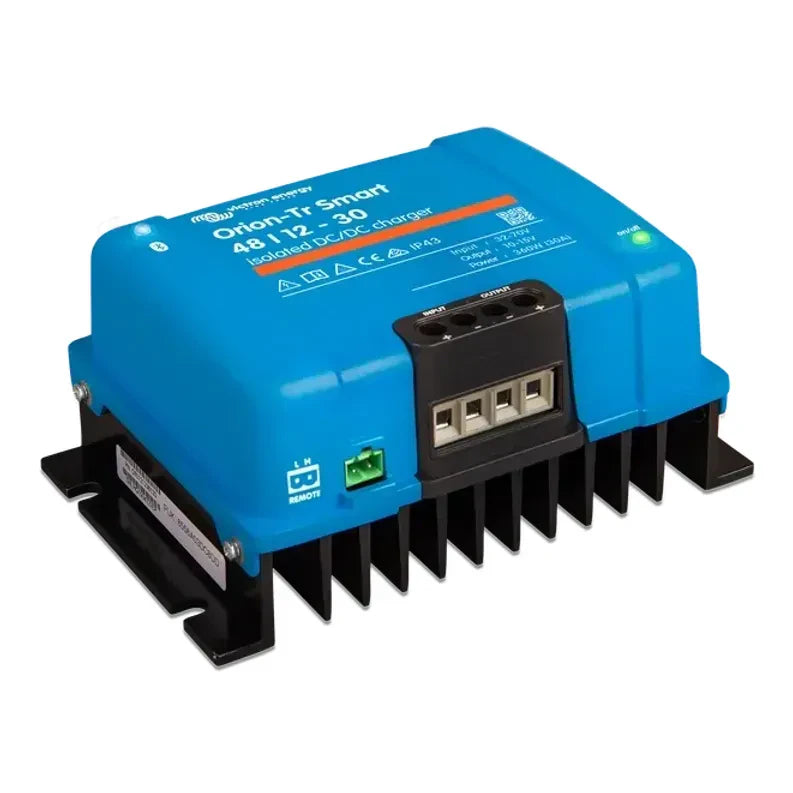Side perspective of the blue Victron DC-DC charger showing the mounting holes and heatsink profile