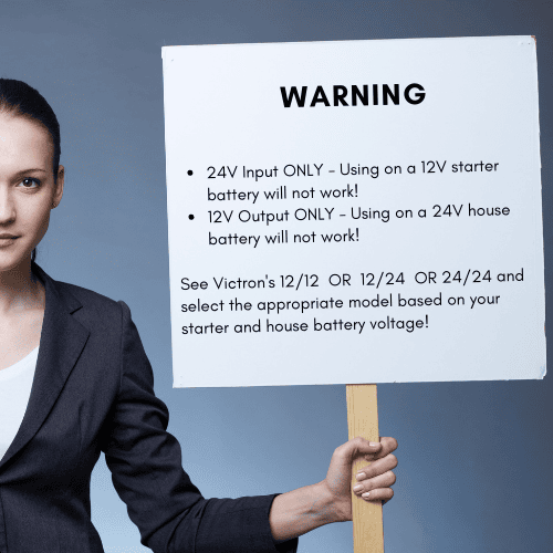 Warning graphic for 24V input and 12V output voltage compatibility