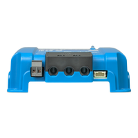 Close-up of terminal ports including screw terminals, remote input and VE.Direct port