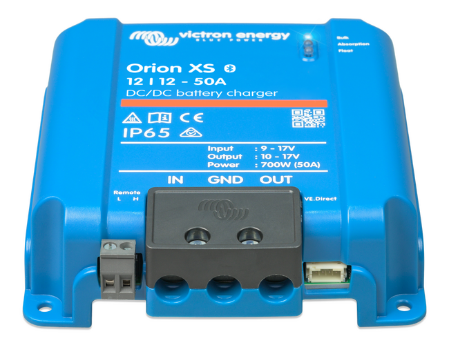 Angled view of Victron Orion XS charger showing recessed screw terminals and remote port