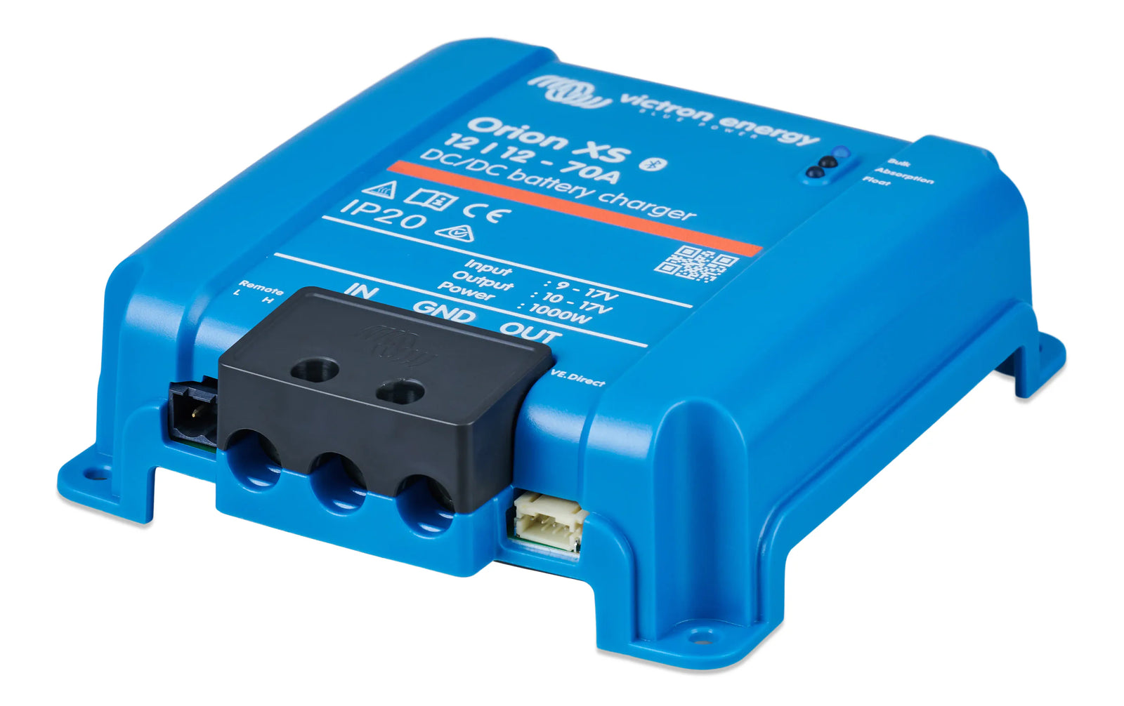 Side perspective of the Victron Orion XS battery charger enclosure and mounting feet