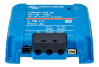 Front view of the charger's terminal block including input, ground, and output ports