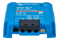 Front view of the charger's terminal block including input, ground, and output ports