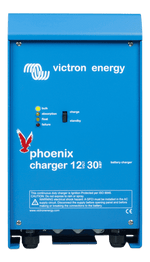 Front view of blue Victron Phoenix 12V 30A battery charger with status LEDs and power switch