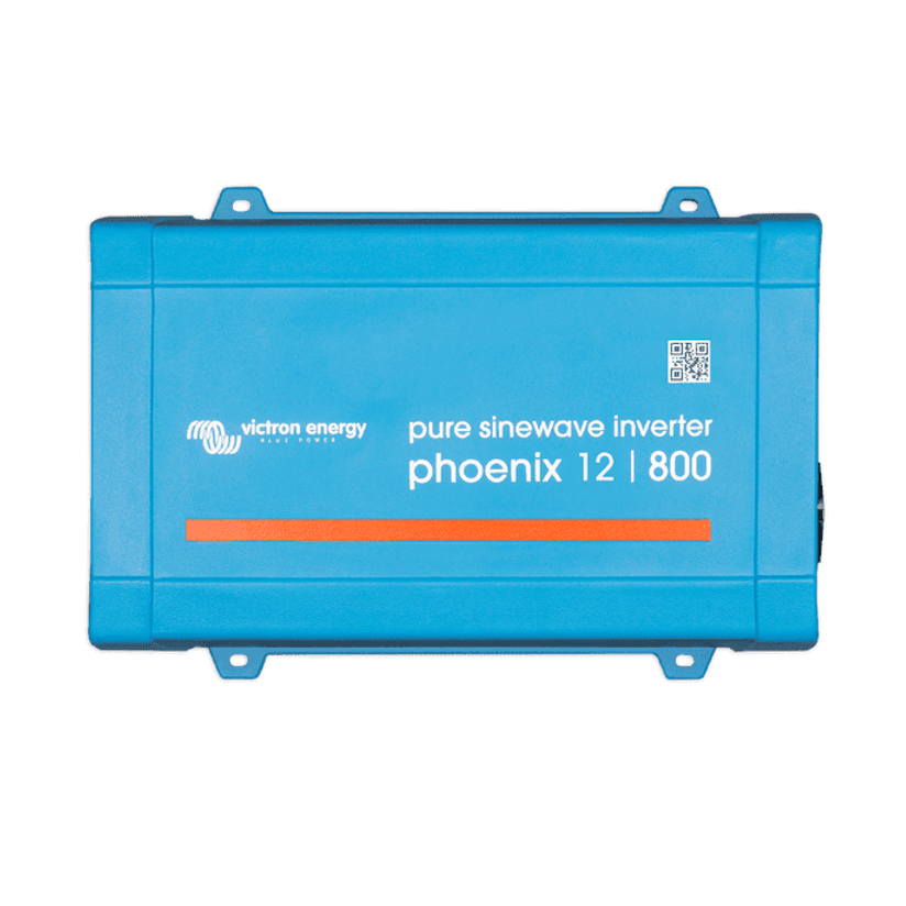 Top-down view of a blue Victron Phoenix 12/800 pure sinewave inverter with mounting flanges