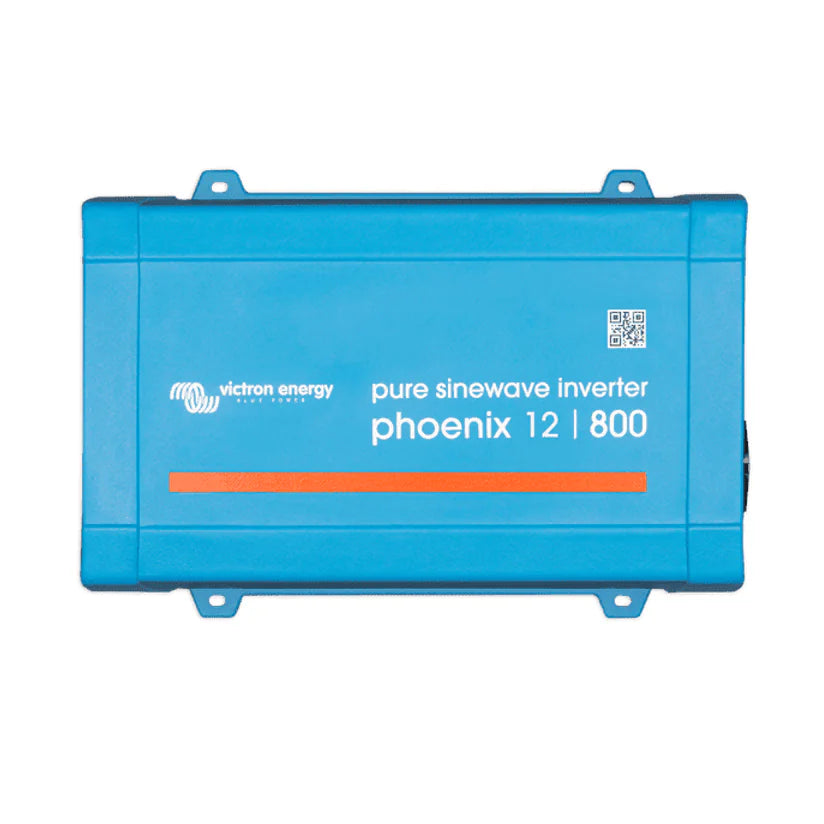Top-down view of a blue Victron Phoenix 12/800 pure sinewave inverter with mounting flanges