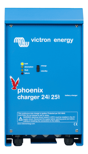 Front view of blue Victron Phoenix 24V 25A battery charger with status LEDs and power switch