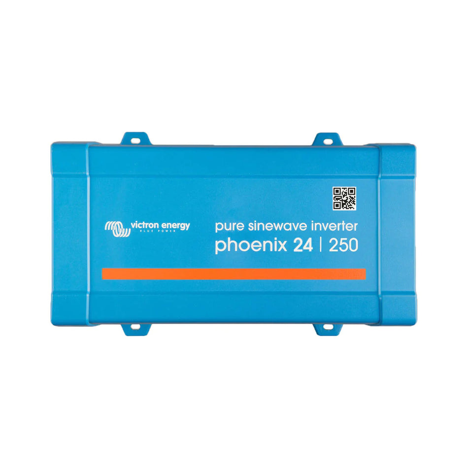 Victron Phoenix 24/250 pure sinewave inverter front view in blue steel chassis showing product branding