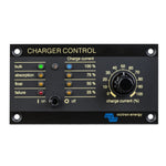 Front view of Victron charger control panel with LED indicators, toggle switch, and current adjustment dial