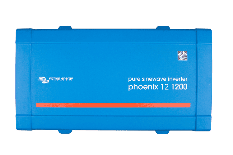 Top-down view of blue Victron Phoenix 12/1200 pure sine wave inverter showing branding and QR code
