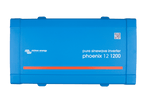 Top-down view of blue Victron Phoenix 12/1200 pure sine wave inverter showing branding and QR code
