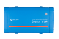 Top-down view of blue Victron Phoenix 12/1200 pure sine wave inverter showing branding and QR code