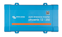 Top view of blue Victron Phoenix 12/250 pure sinewave inverter enclosure