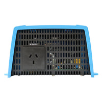 Front panel of a blue Victron inverter showing a standard Australian/New Zealand 230V AC power outlet