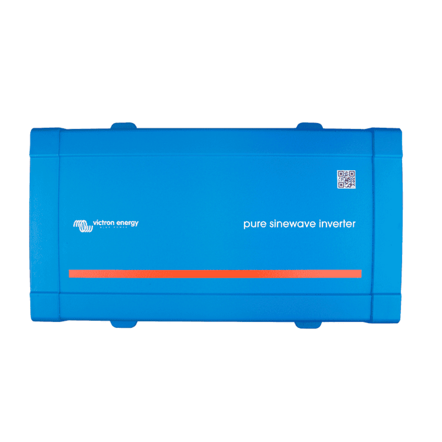 Top view of the blue steel and plastic chassis of a Victron Phoenix pure sine wave inverter