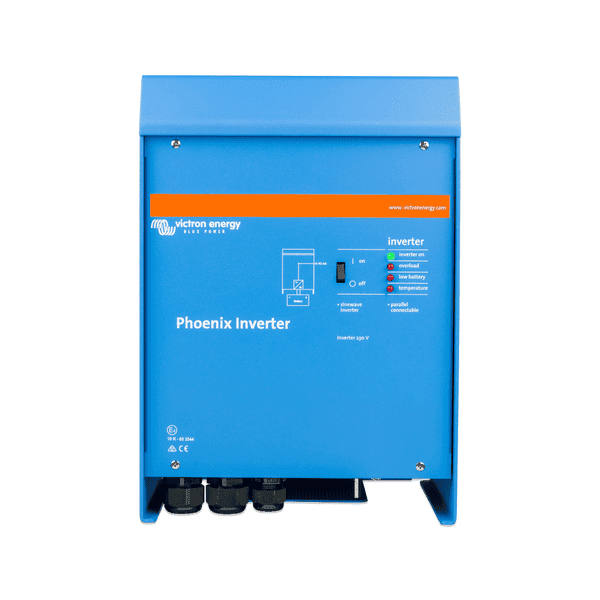 Front view of blue Victron Phoenix 48V 3000VA pure sine wave inverter with status LEDs and power switch