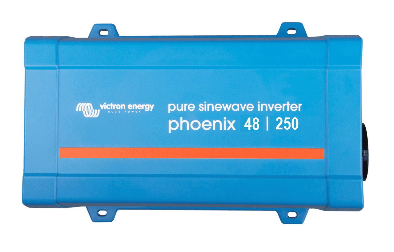 Top view of a blue Victron Phoenix 48V 250VA pure sinewave inverter with mounting brackets