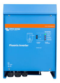 Front view of blue Victron Phoenix 48V 5000VA sine wave inverter with status LEDs
