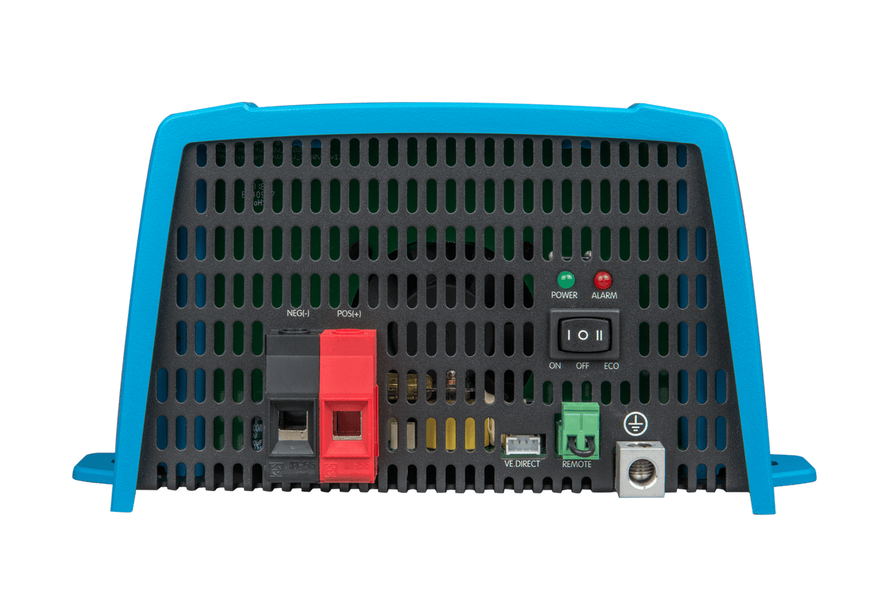 DC input side of Victron Phoenix inverter with positive and negative battery terminals and control interface