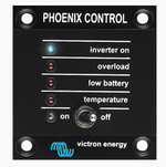 Front view of black Victron Phoenix Inverter Control panel with status LEDs and toggle switch