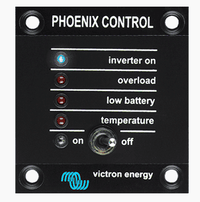Front view of black Victron Phoenix Inverter Control panel with status LEDs and toggle switch