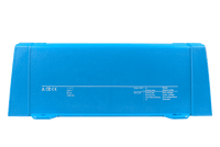 Side view of blue Victron inverter chassis with technical specifications and LED status indicator legend
