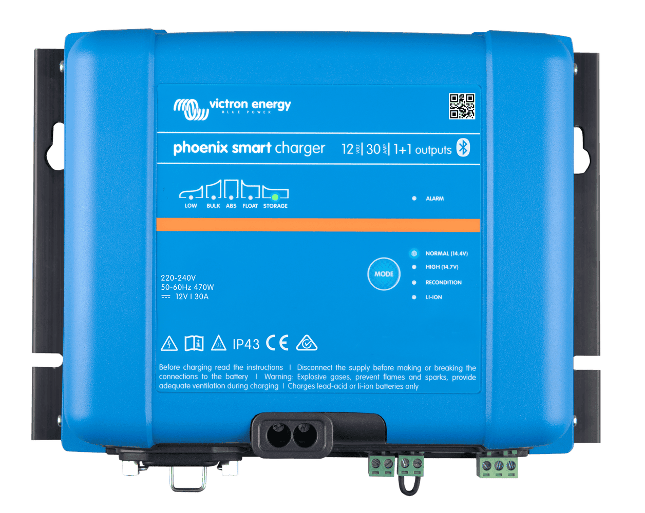 Victron Phoenix Smart IP43 12V 30A battery charger top view showing status LEDs and mode button