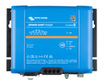 Front view of a blue Victron Phoenix Smart IP43 battery charger with LED indicators and mode selection button