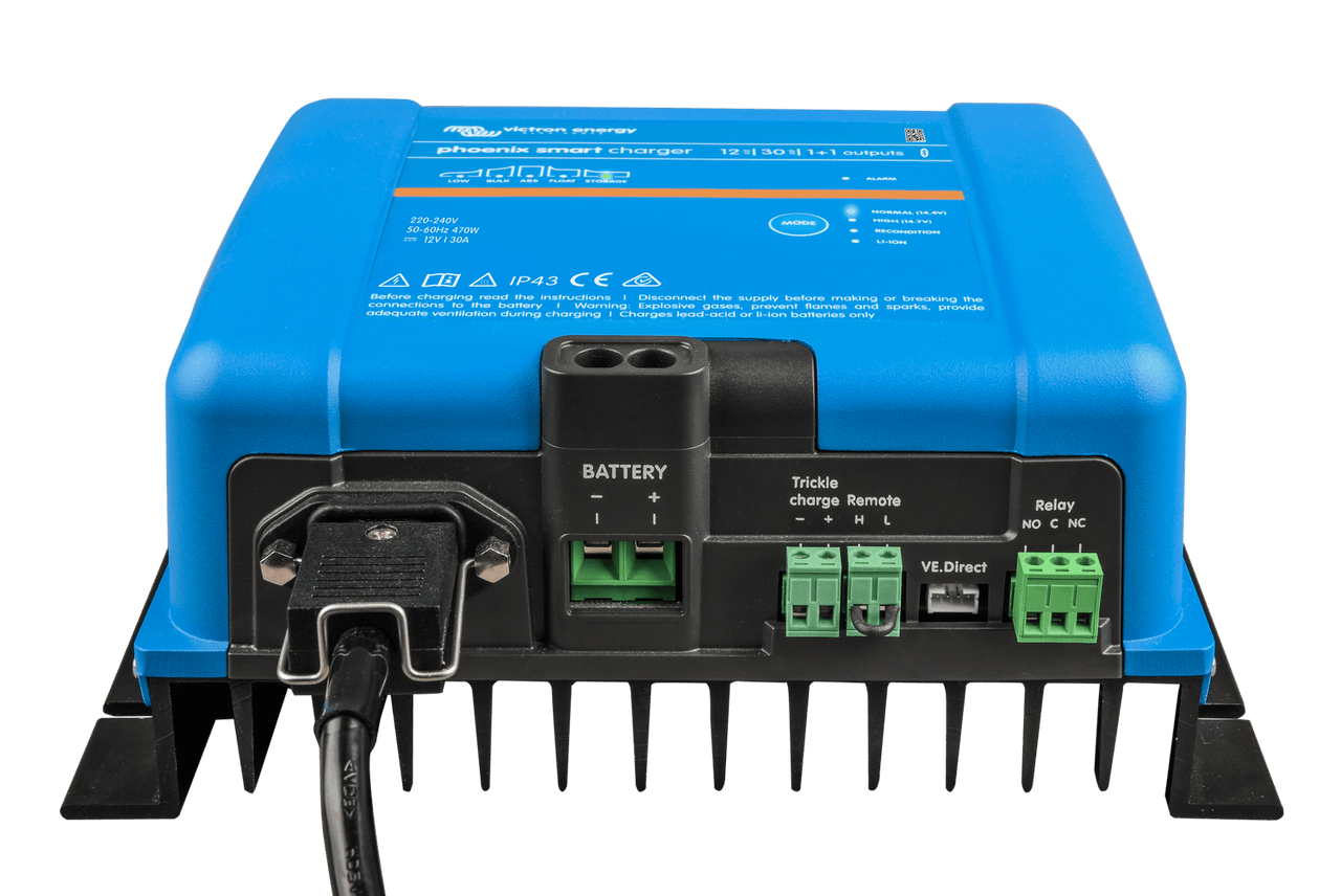 Bottom connection panel of the Victron Phoenix Smart charger with battery and communication terminals