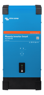 Front view of blue Victron Phoenix Smart Inverter 12/2000 showing status LEDs and sleek enclosure