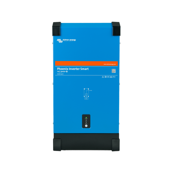 Front view of blue Victron Phoenix Smart Inverter 12/3000 with status indicators