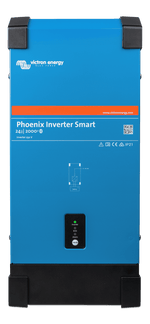 Front view of blue Victron Phoenix Smart Inverter with status LEDs and power button
