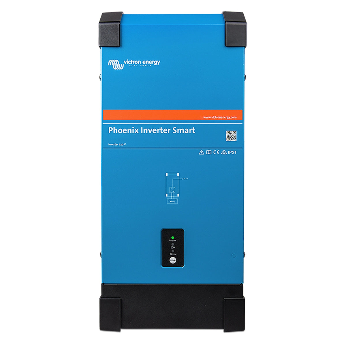 Front view of blue Victron Phoenix Smart Inverter showing status LEDs and control button