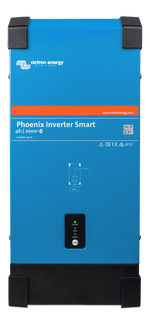 Front view of blue Victron Phoenix Smart Inverter 48/2000 showing status LEDs and power button