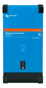 Front view of blue Victron Phoenix Smart 48V 3000VA power inverter in a steel enclosure