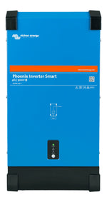Front view of blue Victron Phoenix Smart 48V 3000VA power inverter in a steel enclosure