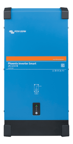 Front view of blue Victron Phoenix Smart 48V 5000VA inverter with status LED indicators