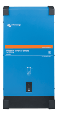 Front view of blue Victron Phoenix Smart 48V 5000VA inverter with status LED indicators