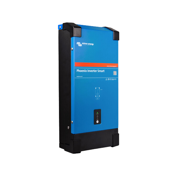 Right side perspective showing the blue steel casing and mounting points of the inverter