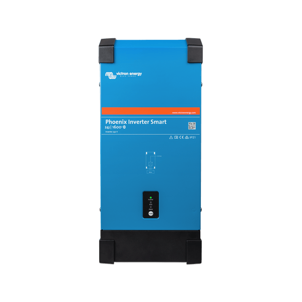 Front view of the blue Victron Phoenix Smart Inverter 24/1600 showing status LEDs and power button