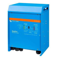 Angled side view of blue Victron Quattro inverter charger showing aluminium enclosure and mounting points