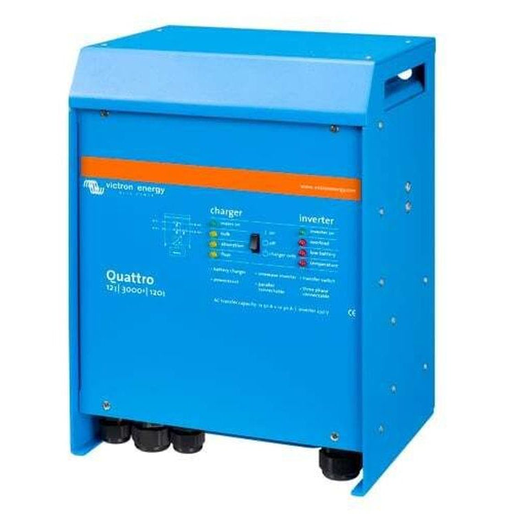 Angled side view of blue Victron Quattro inverter charger showing aluminium enclosure and mounting points