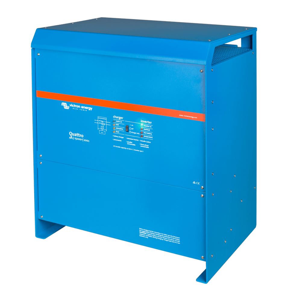 Perspective view of the blue aluminium enclosure for the Victron Quattro 15000VA inverter charger