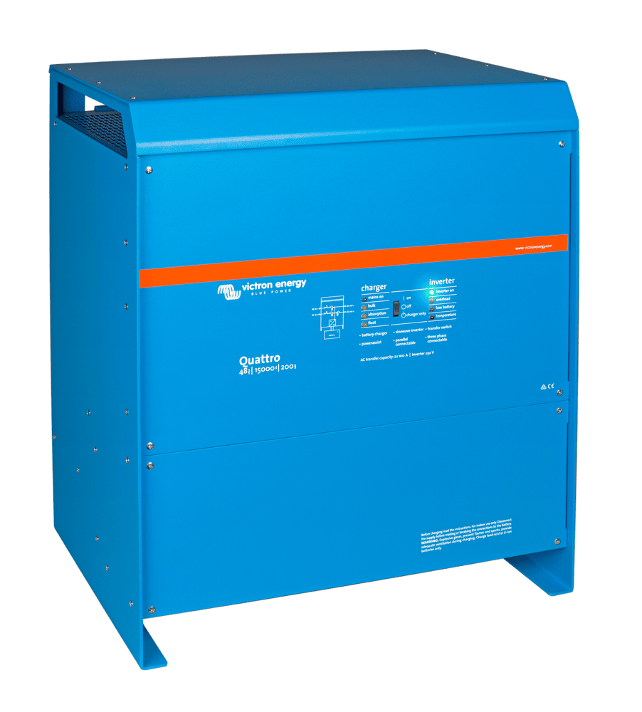 Side perspective view of the Victron Quattro 48/15000 inverter charger showing the IP21 enclosure