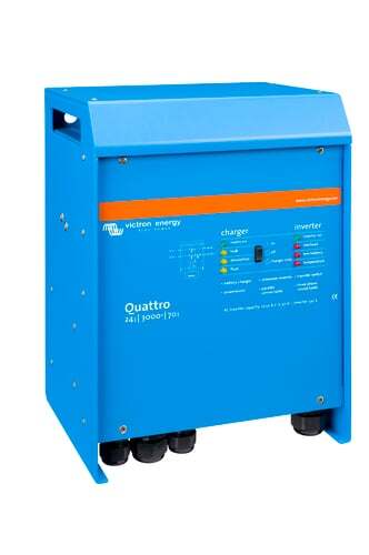 Side perspective view of the Victron Quattro inverter charger showing enclosure depth