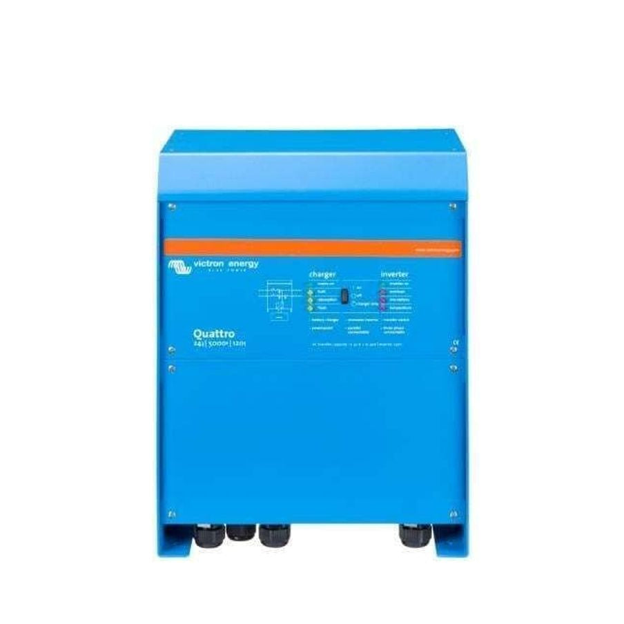 Front view of blue Victron Quattro 24V 5000VA inverter charger with LED status indicators