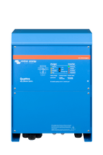 Front view of blue Victron Quattro 24V 8000VA inverter charger with status LED indicators
