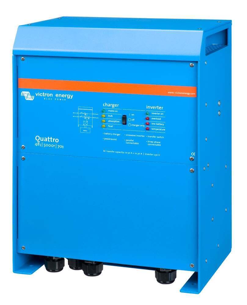 Left perspective view of the blue aluminium enclosure for the Victron Quattro 5000VA inverter charger